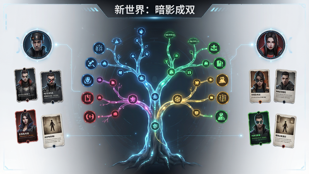 剧情分支与线索收集界面概念图,画面以《新世界:暗影成双》为主题,中央展示一棵发光的剧情树状图,分支节点用不同颜色标记,两侧悬浮角色头像与线索卡片,布局对称清晰,风格为科技感与悬疑感结合,细节包括光效、图标与文字标签,画质高清干净,无多余元素