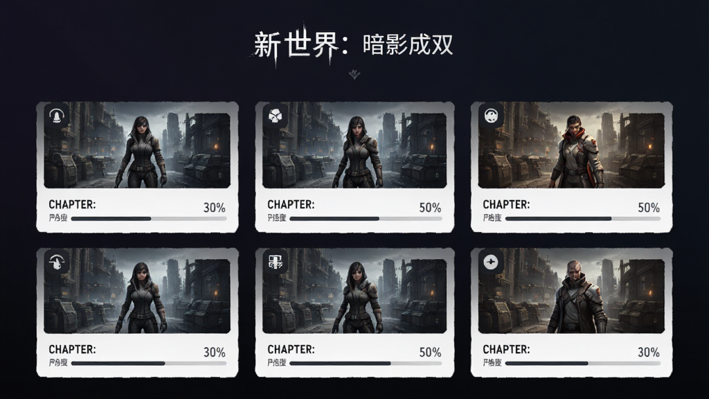 存档与进度管理界面示意图,画面以《新世界:暗影成双》为主视觉,中央展示多个存档槽位卡片,每个卡片带有章节缩略图与进度百分比,背景为深色渐变,布局为网格排列,风格简洁现代,细节包括图标、进度条与文字说明,画质清晰干净,无多余元素