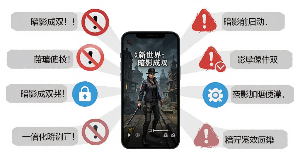 新手避坑指南信息图,画面以《新世界:暗影成双》为主题,中央为手机屏幕显示游戏界面,周围环绕多个警示图标与文字标签,布局为放射状,风格为扁平化信息图,细节包括红色禁止符号、蓝色优化图标与灰色提示标签,画质清晰干净,无多余元素
