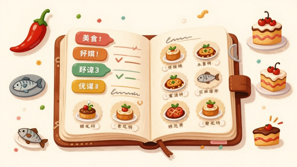 一幅AI插画,画面主体是一个打开的美食记录本,书页上浮现出彩色分类标签和菜品图标,周围环绕着辣椒、鱼、蛋糕等食材元素,布局居中,风格扁平化,色彩温暖柔和,细节精致,画质清晰,背景干净,无多余装饰