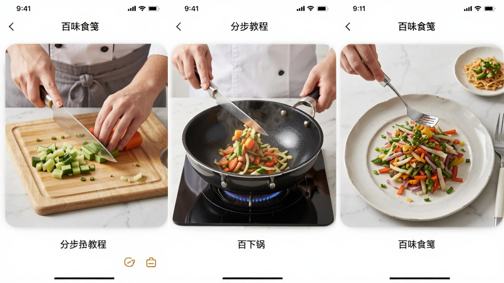 一张美食制作步骤图拼贴,展示百味食笺应用内的分步教程界面,包含切菜、下锅、装盘三个阶段的照片和文字标注,画面布局整齐,风格写实明亮,细节清晰,画质细腻,干净无杂乱元素