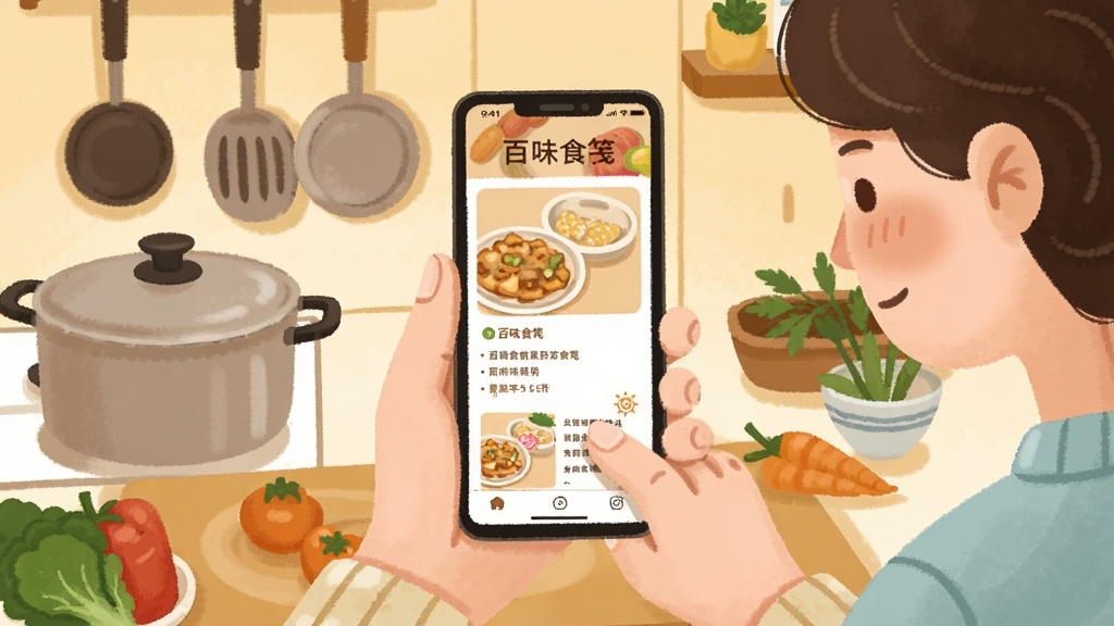 一幅温馨的家庭厨房场景插画,画面中两位人物通过手机屏幕查看同一份食谱,屏幕上有百味食笺的界面元素,周围有锅碗瓢盆和新鲜食材,布局左右对称,风格暖色调手绘,细节丰富,画质清晰,干净无多余元素