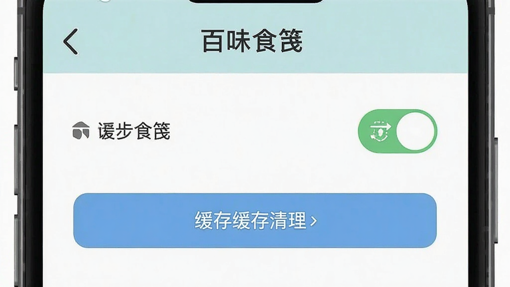 一张手机屏幕截图风格示意图,展示百味食笺设置界面中的云同步开关和缓存清理按钮,界面布局清晰,风格简洁扁平,色彩柔和,细节准确,画质干净,无多余元素