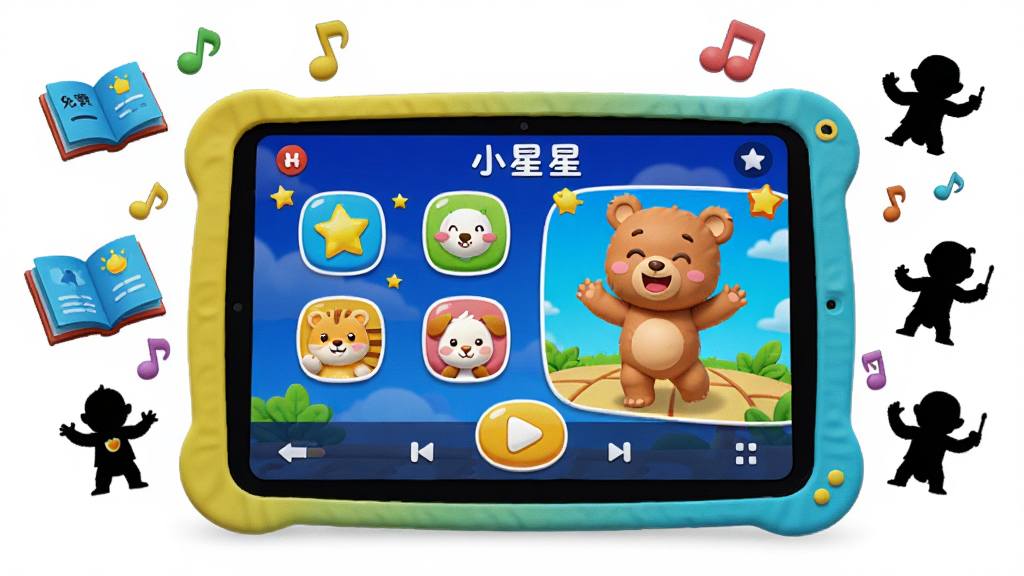 画面中央是一个色彩活泼的卡通儿童乐园场景,主体是一台大屏幕平板电脑或电视,屏幕上显示着免费儿歌故事动画片的播放界面,界面中有可爱的卡通动物图标和播放按钮,周围漂浮着音符、故事书、动画角色剪影等元素,布局采用居中对称方式,风格为明亮欢快的卡通3D风格,细节上屏幕内显示儿歌名称文字如“小星星”和卡通小熊跳舞的画面,画质高清,画面干净无多余杂乱元素