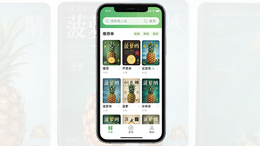 菠萝免费小说APP主界面展示,画面中央是一部智能手机,屏幕显示菠萝免费小说应用的书城首页,顶部有搜索栏,中间是推荐书单封面网格,底部有书架、发现、我的等导航按钮。整体布局简洁清晰,风格清新明快,细节包括书籍封面缩略图和分类标签,画质高清,干净无多余元素。
