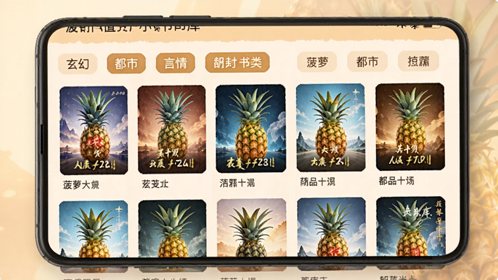 菠萝免费小说书库界面截图,画面展示手机屏幕中排列整齐的小说封面墙,书籍分类标签清晰可见,包含玄幻、都市、言情等字样,背景为淡雅的暖色调,整体风格温馨舒适,细节丰富,画质清晰,无多余元素。