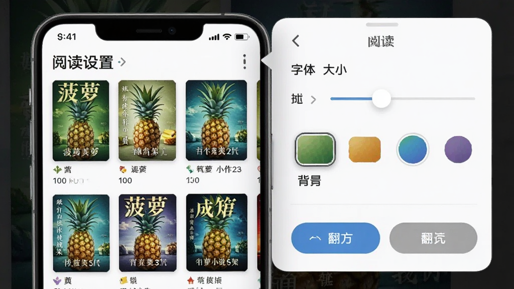 菠萝免费小说书架与阅读设置界面,手机屏幕展示书架页面中多本小说封面,旁边弹出阅读设置面板,包含字体大小滑块、背景颜色选项和翻页模式按钮。风格现代简约,布局清晰,细节精致,画质高清,干净无多余元素。