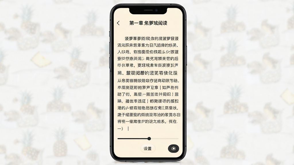 菠萝免费小说移动端阅读界面,手机屏幕显示一本正在阅读的小说正文页面,文字排版整齐,背景为护眼米黄色,顶部有章节标题,底部有阅读进度条和设置按钮。风格简洁舒适,细节清晰,画质高清,无多余元素。