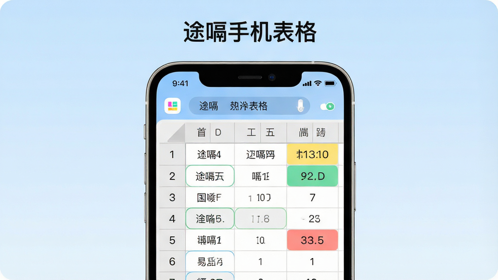 手机屏幕中央展示一款简洁的表格编辑界面,表格行列清晰,单元格内填写着中文数据,界面顶部有“途嗝手机表格”文字标识,背景为浅蓝色渐变,主体突出手机与表格界面,布局居中对称,风格现代简约,细节包括圆角图标、清晰的字体和明亮的数据高亮色块,画质清晰干净,无多余装饰元素
