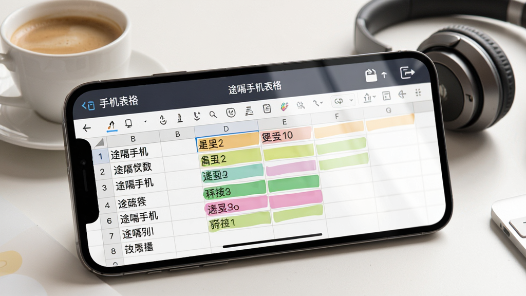 手机横屏显示“途嗝手机表格”编辑界面,表格中包含中文数据和彩色标记的单元格,屏幕上方有保存和同步图标,背景为简洁的办公桌面,旁边放着一杯咖啡和一副耳机,构图采用侧面视角,风格温馨实用,细节包括屏幕反光、数据高亮色块和清晰的图标设计,画质干净明亮,无多余元素