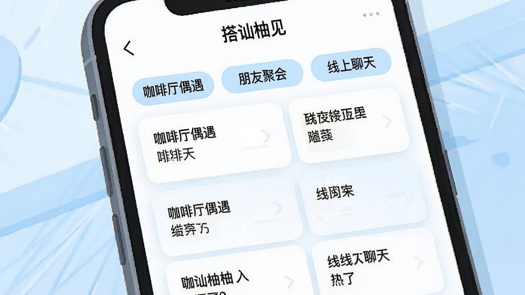 一张展示手机应用内话术库列表的界面截图风格插画,画面中手机屏幕显示“搭讪柚见”话术分类列表,包含“咖啡厅偶遇”“朋友聚会”“线上聊天”等标签,每个标签下方有若干话术卡片,背景为干净的白色与浅蓝色搭配,风格简洁商务,画质清晰,文字锐利