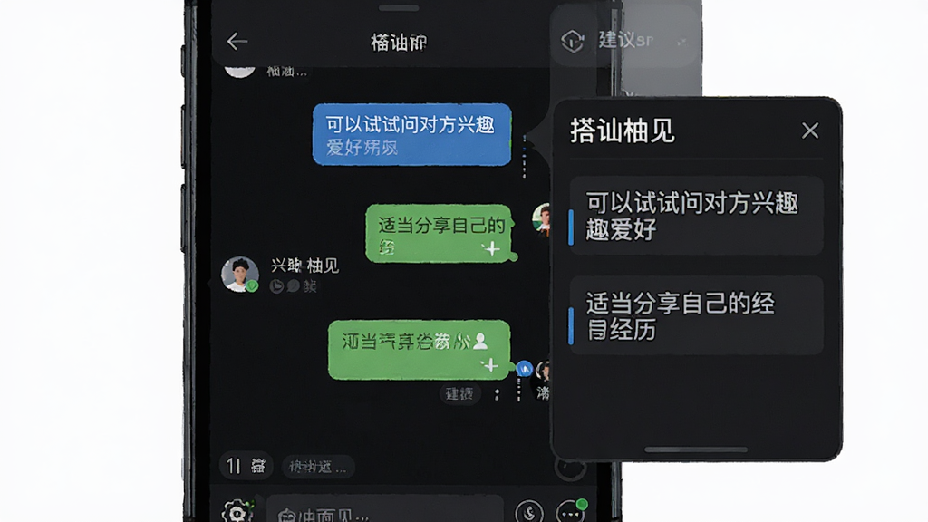 一张展示手机聊天界面与侧边建议栏的插画,手机屏幕中央是聊天对话框,右侧弹出“搭讪柚见”实时建议面板,面板内显示“可以试试问对方兴趣爱好”“适当分享自己的经历”等提示文字,背景为深色模式,界面科技感强,画质高清,布局清晰