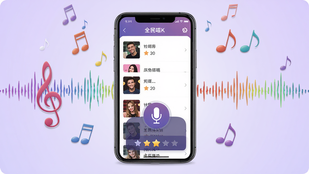全民唱K免费歌曲应用主界面展示,画面中央放置一部智能手机,手机屏幕上显示K歌应用界面,包含歌曲列表、麦克风图标和评分区域,周围环绕彩色音符与声波纹理,背景为浅紫色渐变,整体风格清新明快,细节清晰,画质干净,无多余元素