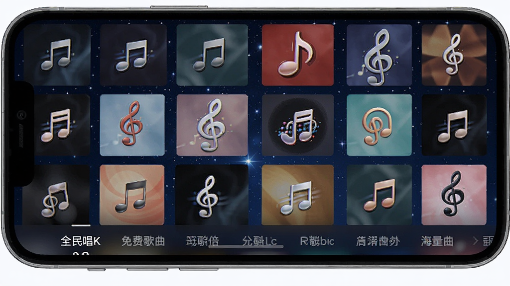 全民唱K免费歌曲海量曲库界面,画面展示手机屏幕内排列整齐的歌曲专辑封面墙,封面上有不同风格的音乐符号,背景为深蓝色星空,屏幕下方有分类标签栏,整体风格现代简洁,画质清晰,干净无多余元素