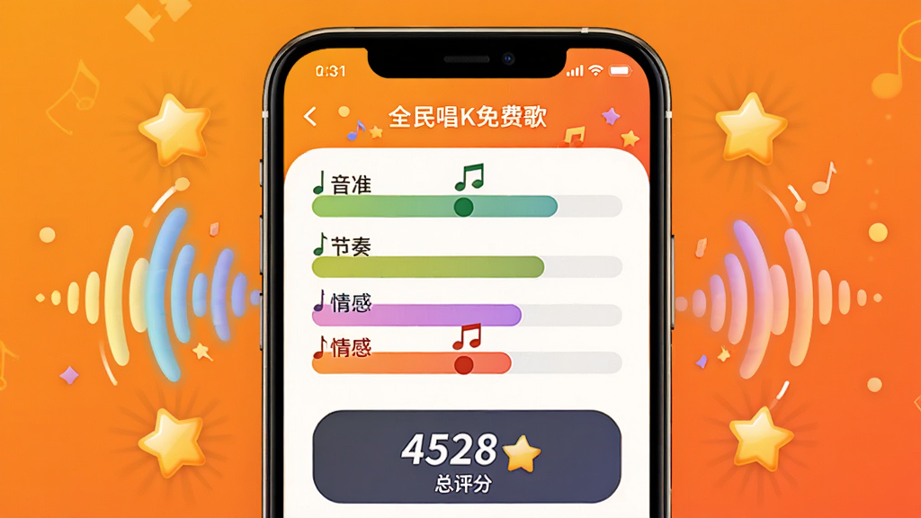 全民唱K免费歌曲智能评分功能展示,画面中央为手机屏幕显示评分结果页面,包含音准、节奏、情感三项分数条和总评分数字,屏幕周围有动态声波和星级图标,背景为暖橙色渐变,风格活泼,画质干净,无多余元素