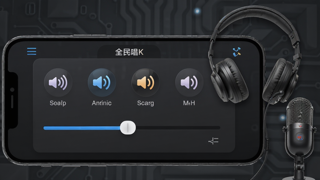 全民唱K免费歌曲音效调节界面,画面展示手机屏幕上的音效选择面板,包含多个音效图标和滑动调节条,屏幕旁边有耳机和麦克风元素,背景为深灰色科技风格,细节清晰,画质干净,无多余元素
