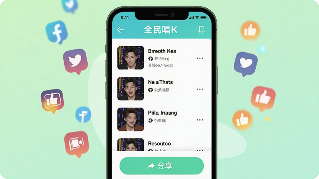 全民唱K免费歌曲作品分享界面,画面展示手机屏幕内作品列表和分享按钮,屏幕周围有社交媒体图标和点赞动画,背景为浅绿色清新风格,画质干净,无多余元素