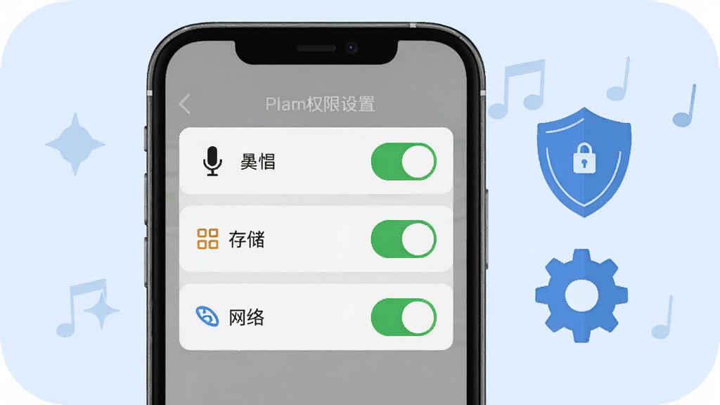 全民唱K免费歌曲安装权限设置示意图,画面展示手机屏幕上的权限管理界面,包含麦克风、存储、网络三个权限开关,屏幕旁边有盾牌和齿轮图标,背景为浅蓝色简洁风格,画质干净,无多余元素