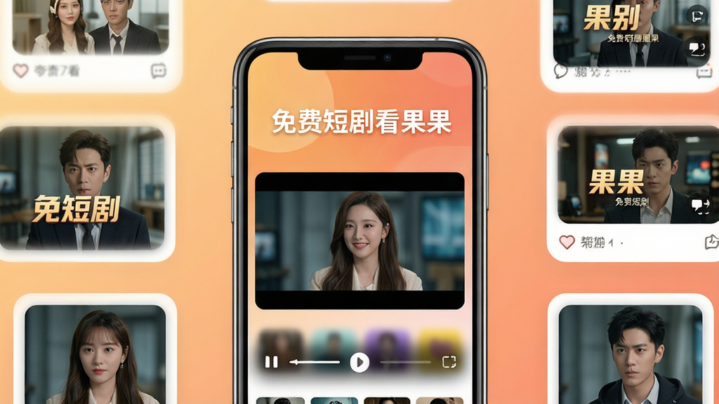 免费短剧看果果应用主界面展示,画面中央是一部智能手机,手机屏幕上呈现短剧视频播放界面,上方有