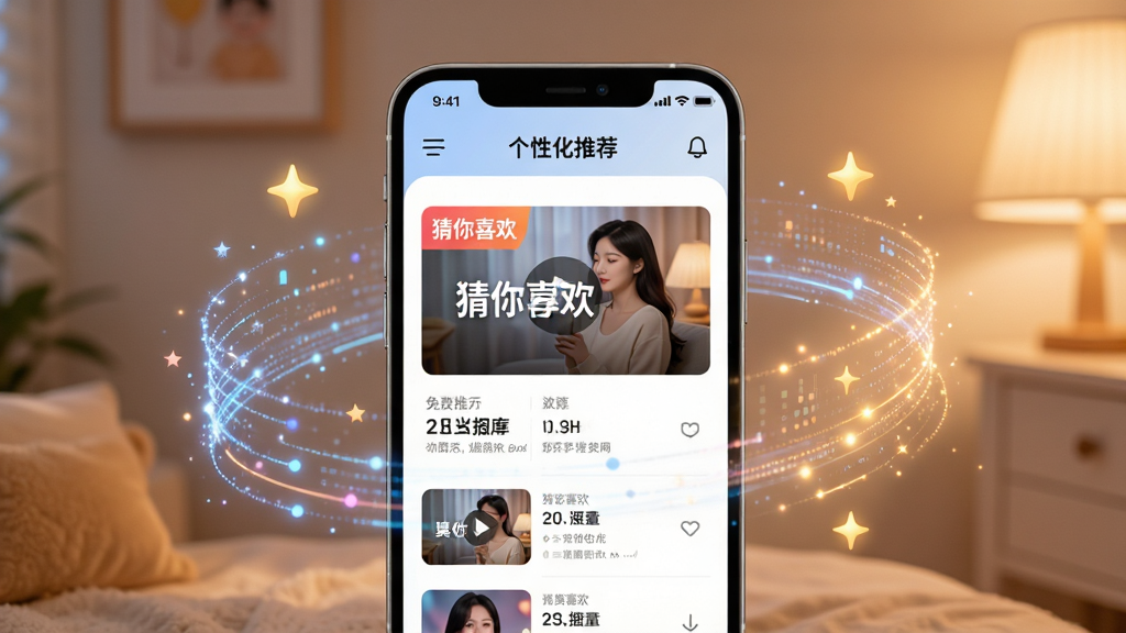 免费短剧看果果智能推荐功能展示,画面中央一部手机屏幕显示个性化推荐列表,视频封面配有
