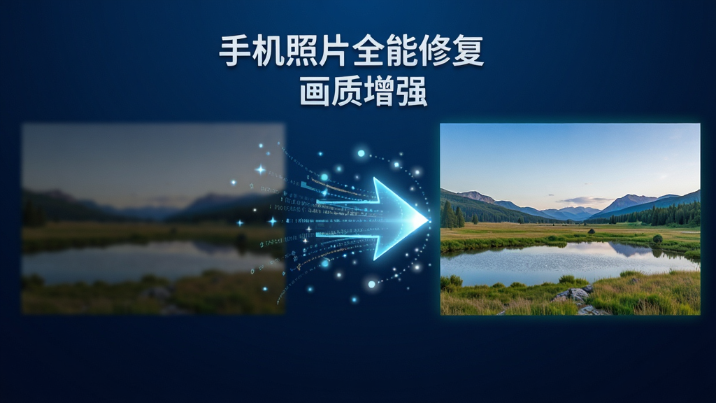 一张展示手机照片全能修复智能画质增强功能的示意图,画面左侧是一张模糊暗淡的风景照片,右侧是经过修复后清晰鲜艳的同一张照片,中间有一个发光的箭头从左侧指向右侧,箭头周围环绕着数据流和光点效果,背景为深蓝色科技渐变,整体风格为现代科技感,细节精致,画质高清,干净无多余元素,图片中文字内容为“手机照片全能修复 画质增强”
