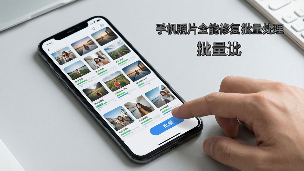 一张展示手机照片全能修复批量处理功能的示意图,画面中一部手机屏幕上显示着多张照片缩略图排列成网格状,每张缩略图下方有进度条显示处理状态,手机旁边有一只手正在点击屏幕上的批量处理按钮,背景为简洁的浅灰色工作台面,整体风格为实用工具风,细节清晰,画质高清,干净无多余元素,图片中文字内容为“手机照片全能修复 批量处理”