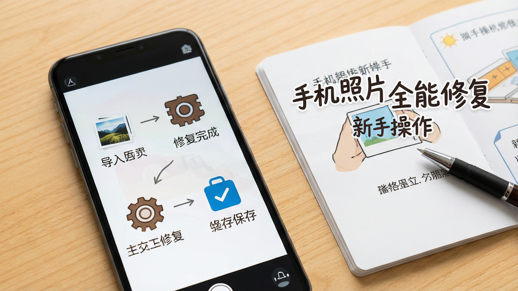 一张展示手机照片全能修复新手操作流程的示意图,画面中一部手机竖屏放置,屏幕上显示着从导入照片到修复完成保存的四个步骤流程图,每个步骤配有图标和简短文字说明,手机旁边有一本打开的操作手册和一支笔,背景为温馨的浅木色桌面,整体风格为教程指引风,细节清晰,画质高清,干净无多余元素,图片中文字内容为“手机照片全能修复 新手操作”