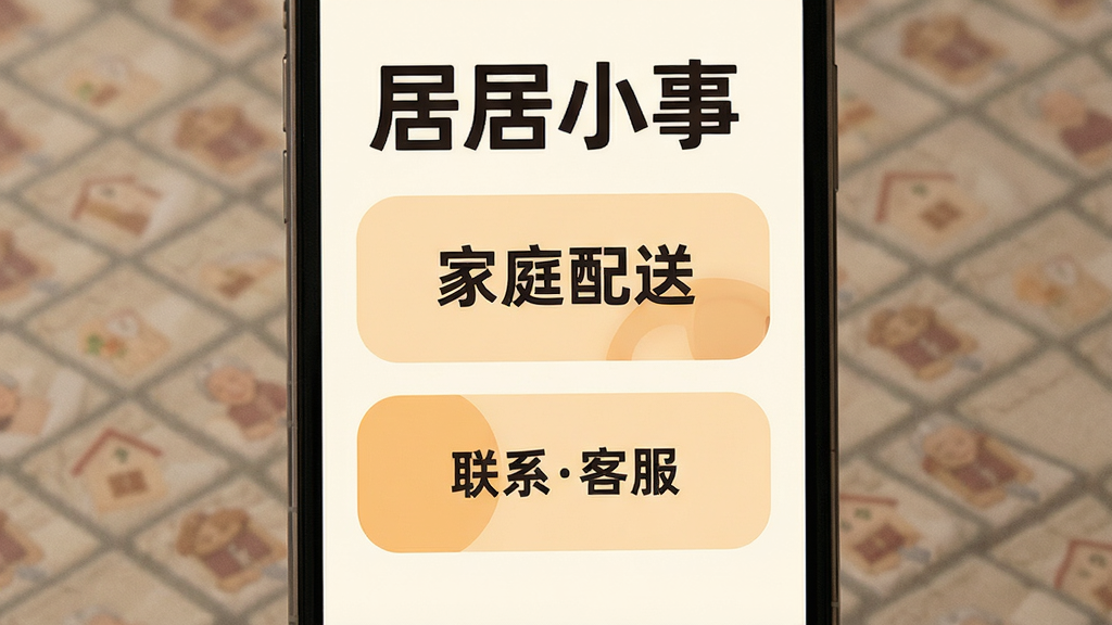 居居小事适老界面设计,手机屏幕显示大字体大按钮的简洁界面,包含“家庭配送”“联系客服”等醒目按钮,背景为柔和米白色,风格温馨简洁,画质清晰,干净无多余元素