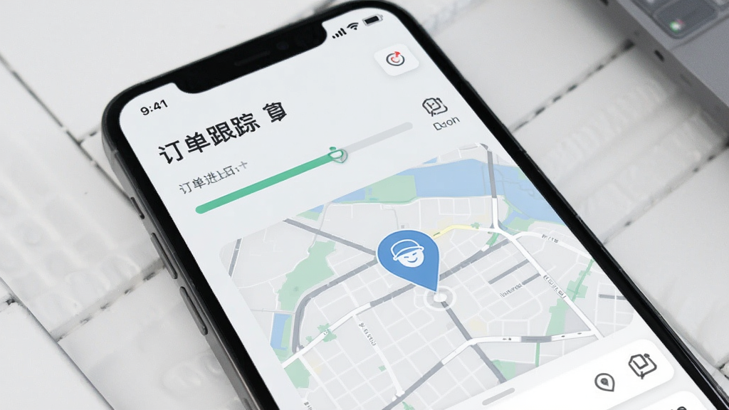居居小事订单跟踪页面,手机屏幕显示订单进度条与配送地图,地图上有配送员位置图标,背景为浅灰色,风格现代简约,画质清晰,干净无多余元素