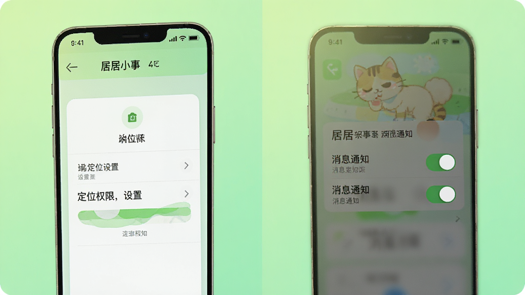居居小事移动端操作示意图,手机屏幕显示定位权限设置界面与消息通知开关,背景为浅绿色渐变,风格简洁明快,画质清晰,干净无多余元素