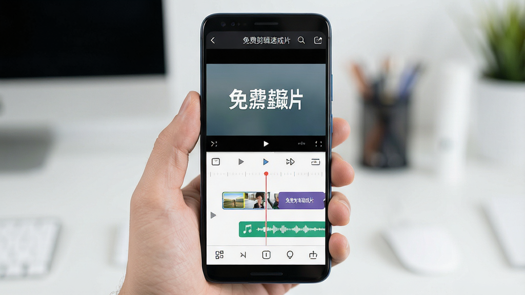 一张手机屏幕展示视频剪辑软件界面的场景图,主体为一部竖屏安卓手机,屏幕中央显示「免费剪辑速成片」软件主界面,布局为上方预览窗口、下方时间轴与功能按钮,排版简洁清晰,风格为现代扁平化科技风,细节包括时间轴上的视频片段缩略图、字幕条、音乐波形,画质高清干净,无多余元素