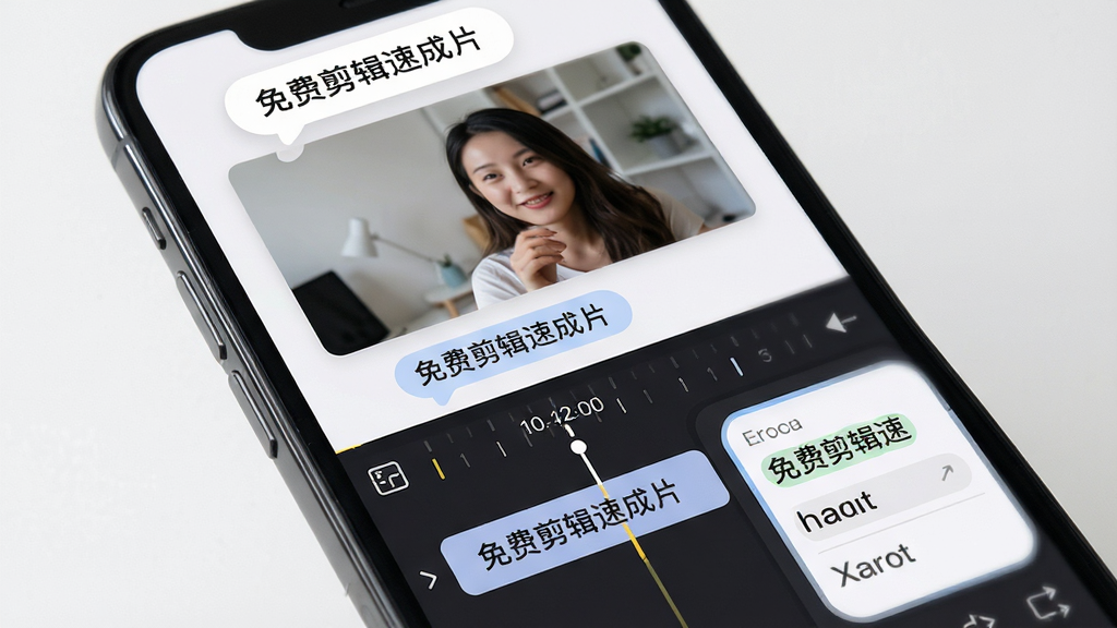 手机屏幕特写展示「免费剪辑速成片」智能字幕编辑界面,主体为手机竖屏,布局为上方视频预览、下方字幕轨道与文字编辑框,排版上下结构,风格为柔和圆角卡片风,细节包括识别中的字幕气泡、时间刻度、字体样式选项,画质高清,画面干净