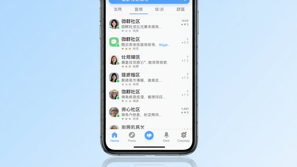 微群社区软件主界面展示,手机屏幕居中,界面上方显示群组聊天列表,下方为底部导航栏,背景为浅蓝色渐变,风格简洁现代,细节清晰,画质干净,无多余元素