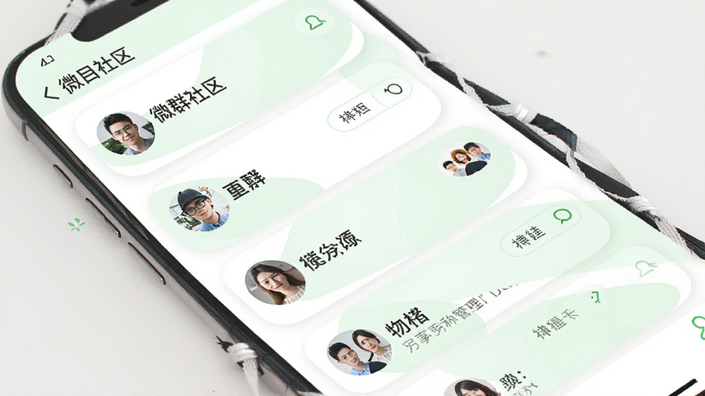 微群社区多群组管理界面,手机屏幕中展示多个群组卡片纵向排列,每张卡片有头像和群名,界面配色为白色与淡绿色,布局整齐,风格清新,画质干净,无多余元素