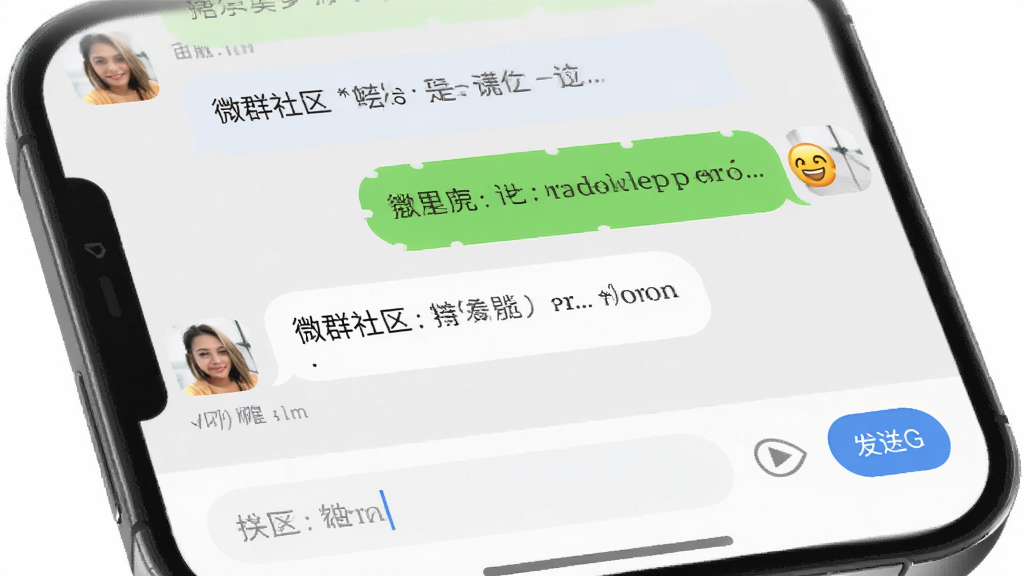 微群社区聊天界面,手机屏幕显示群聊对话气泡,包含文字和表情,界面底部有输入框和发送按钮,背景为淡灰色,风格简约,画质干净,无多余元素