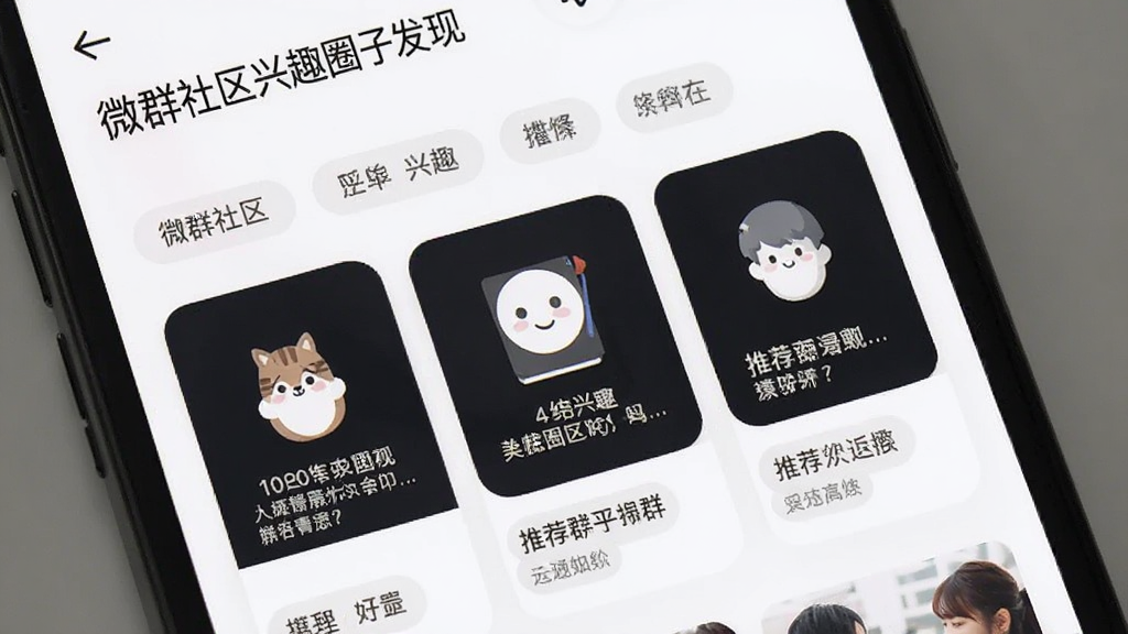 微群社区兴趣圈子发现页面,手机屏幕显示多个兴趣标签和推荐群组卡片,卡片上有图标和简介,背景为白色,风格清爽,画质干净,无多余元素