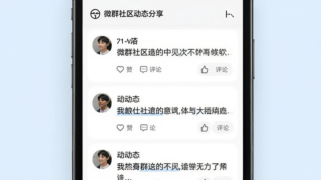 微群社区动态分享页面,手机屏幕显示动态列表,每条动态有用户头像、文字内容和点赞评论按钮,背景为浅色,风格简洁,画质干净,无多余元素