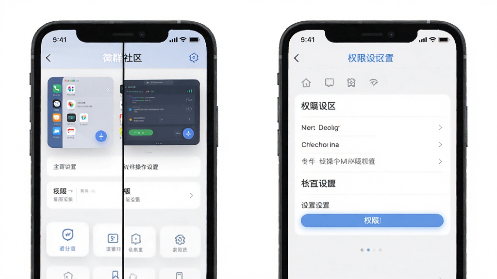 微群社区手机端操作界面与设置页面展示,手机屏幕分屏显示主界面和权限设置页,背景为白色,风格简洁,细节清晰,画质干净,无多余元素