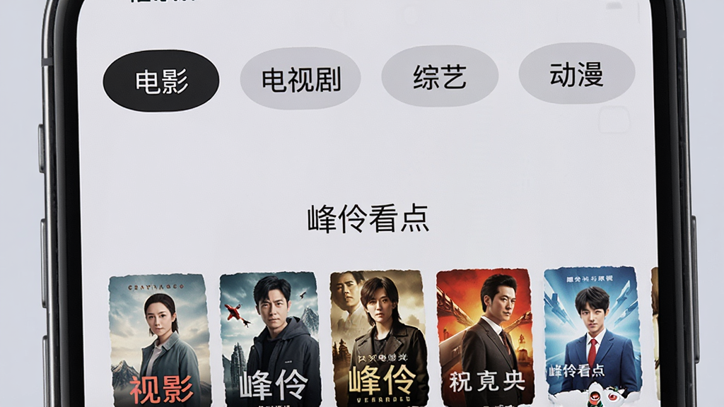 手机屏幕展示分类标签栏,标签包括“电影”“电视剧”“综艺”“动漫”,下方是整齐的影视封面墙,背景为柔和浅灰色,画面中央有“峰伶看点”小字标识,风格简洁明快,画质清晰干净