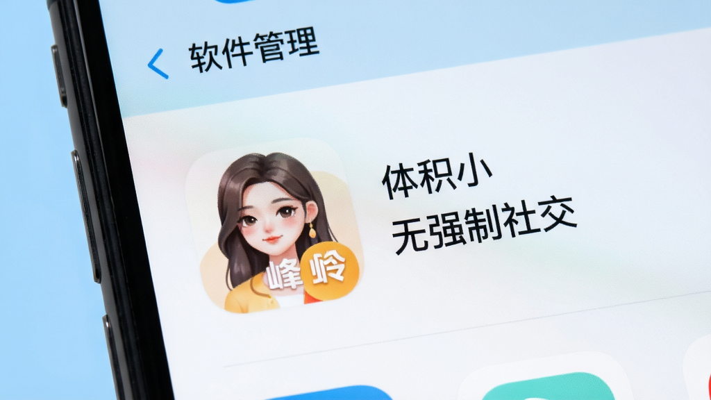 手机显示软件管理界面,峰伶看点图标旁边标注“体积小”“无强制社交”,背景为浅蓝色,图标风格圆润,画面干净整洁,画质清晰