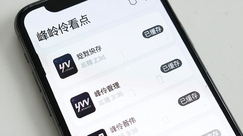 手机屏幕展示下载管理列表,每条记录右侧有“已缓存”标签,顶部有“峰伶看点”字样,背景为白色卡片式布局,风格简约,画质干净,无多余装饰