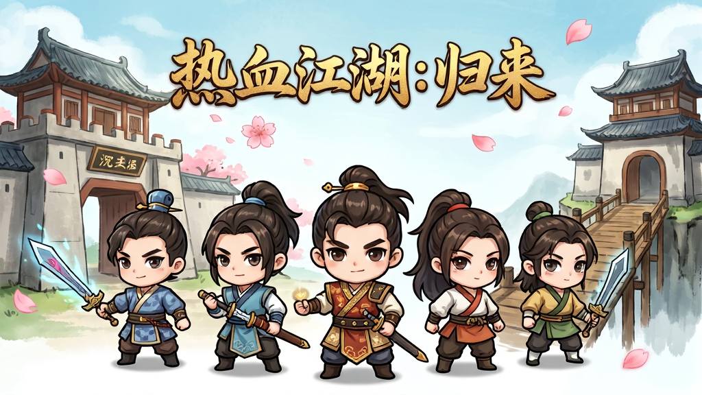画面主体是Q版武侠风格的江湖场景,布局采用三分法构图,左侧为泫勃派城门,右侧为柳正关栈道,中间是五位不同职业的Q版角色并肩站立,排版上游戏名称“热血江湖:归来”以金色书法字体置于画面上方中央,风格为清新明亮的中国风水墨卡通,细节包括角色服饰的纹理、武器上的光效、远处飘落的桃花瓣,画质为4K高清,干净,无多余元素