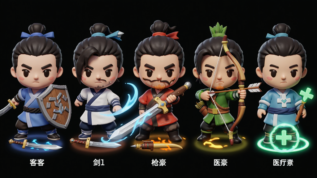 画面主体是五位Q版武侠角色分别展示刀客、剑士、枪豪、弓手、医师的职业特征,布局为横向排列,每位角色下方有对应的武器与技能光效,排版上角色名称以白色小字标注在脚下,风格为Q版卡通渲染,细节包括刀客的盾牌纹理、剑士的剑气轨迹、枪豪的枪尖寒光、弓手的箭矢尾羽、医师的治疗光环,画质为高清,干净,无多余元素