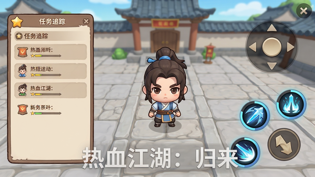 画面主体是Q版武侠风格的新手引导界面,布局为左侧是任务追踪面板,右侧是虚拟摇杆与技能按钮,中间是角色站在泫勃派广场上,排版上“热血江湖:归来”以半透明水印形式出现在画面底部,风格为清新卡通UI,细节包括任务面板上的文字条目、技能按钮的冷却光圈、广场地砖的纹理,画质为高清,干净,无多余元素