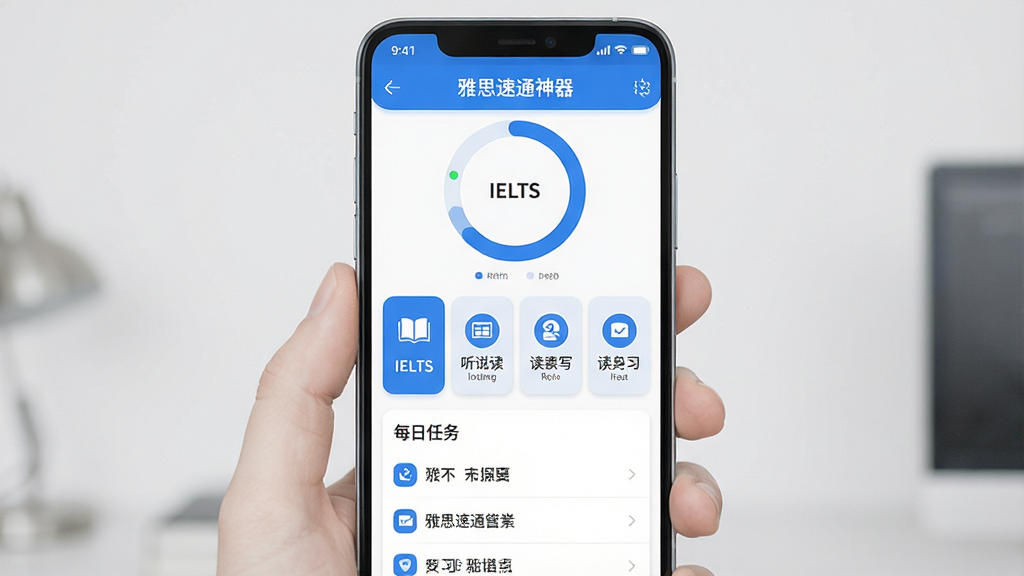 一款名为“雅思速通神器”的手机应用界面展示图,主体为一部竖屏安卓手机,屏幕显示雅思学习面板,布局上方是学习进度环形图,中间是听说读写四个功能卡片,下方是每日任务列表,排版简洁清晰,风格为现代扁平化教育类APP设计,细节包含蓝色主色调、白色背景、圆角图标、英文标签“IELTS”,画质高清,干净,无多余元素