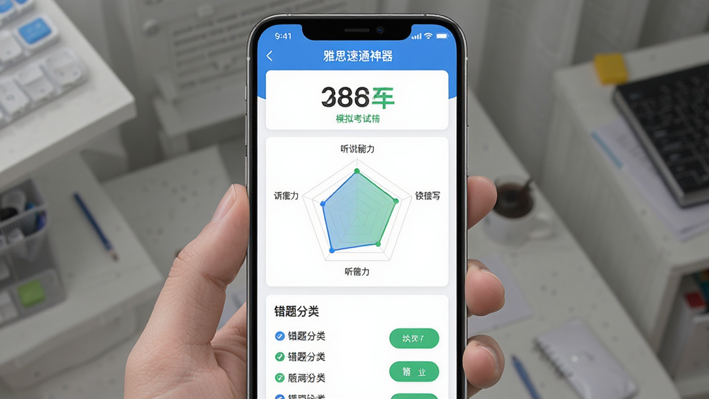一款名为“雅思速通神器”的APP内页截图,主体为手机屏幕显示模拟考试报告页面,布局上方是总分大数字,中间是听说读写四项能力雷达图,下方是错题分类列表,排版整齐,风格为清爽教育类UI,细节包含蓝色与绿色图表、白色卡片背景、圆角按钮,画质高清,干净,无多余元素