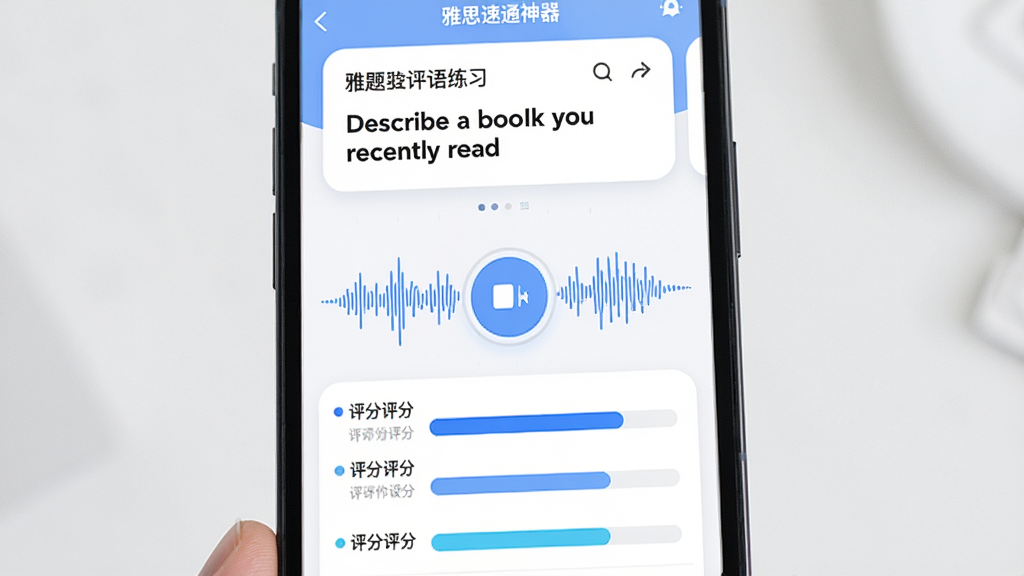 一款名为“雅思速通神器”的APP口语练习界面,主体为手机屏幕显示录音波形与评分面板,布局上方是话题卡“Describe a book you recently read”,中间是录音按钮与波形图,下方是四项评分维度条形图,排版清晰,风格为现代教育类APP设计,细节包含蓝色波形、白色卡片、圆角评分条,画质高清,干净,无多余元素
