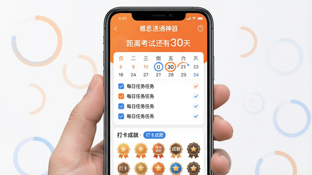 一款名为“雅思速通神器”的APP学习计划页面,主体为手机屏幕显示日历与任务清单,布局上方是倒计时“距离考试还有30天”,中间是每日任务勾选列表,下方是打卡成就徽章墙,排版规整,风格为激励型学习APP设计,细节包含橙色与蓝色搭配、圆形进度环、白色背景,画质高清,干净,无多余元素