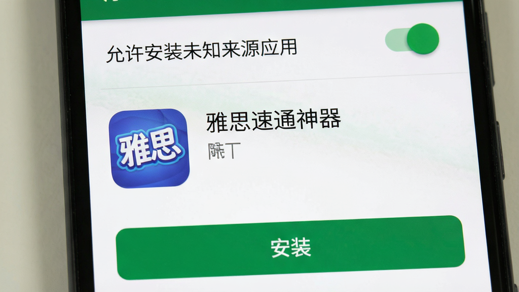 一部安卓手机屏幕显示“雅思速通神器”的安装权限设置界面,主体为手机设置页面,布局上方是“允许安装未知来源应用”开关,中间是应用名称与图标,下方是“安装”按钮,排版清晰,风格为安卓系统原生设置界面,细节包含绿色开关、白色背景、圆角图标,画质高清,干净,无多余元素
