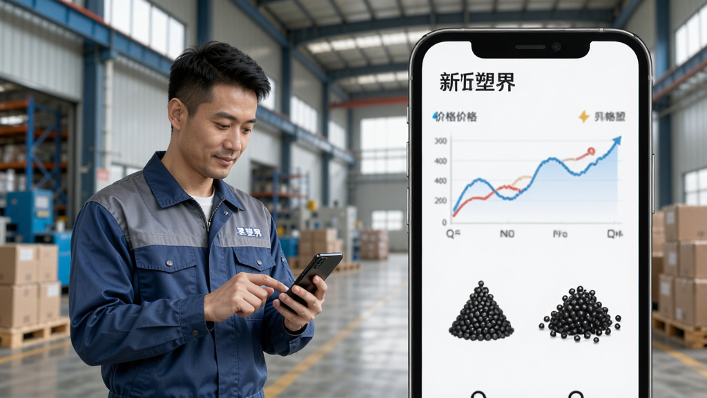 AI生图,画面主体为一位穿着工装的塑化行业采购员站在工厂仓库前看手机,布局为人物居左、手机屏幕内容放大居右,排版采用对比式构图,风格为写实商务风,细节包括手机屏幕上的价格曲线和塑料粒子图标,画质清晰,干净,无多余元素,图片中打文字“新塑界”